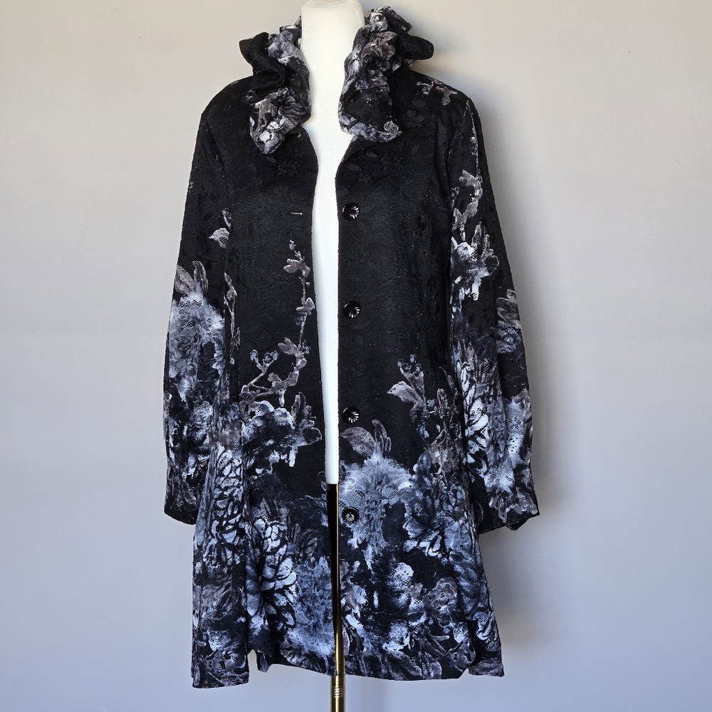 VTG Gothic Punk Whimsigoth Black Floral Lace Ruffled Collar Button Front Coat - Picture 3 of 11